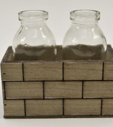 Bakje hout bouwstenen met 2 flessen