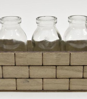 Bakje hout bouwstenen met 3 flessen